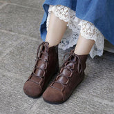 Botas planas suaves y auténticas retro con punta redonda y cordones, estilo Mori Girl, botines de corte ancho en negro